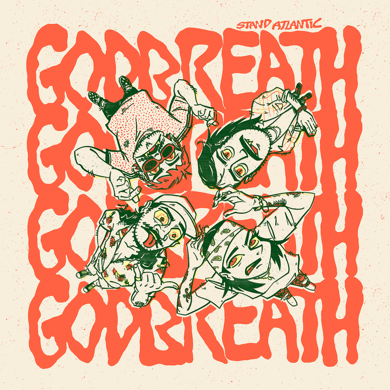 Album artwork for Stand Atlantic's Godbreath, featuring four illustrated band members over the repeating title in coral-orange.